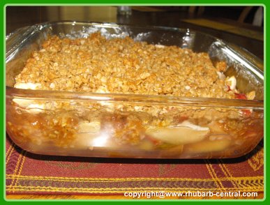 Rhubarb Apple Crisp with Oatmeal Topping in an 8" square baking dish