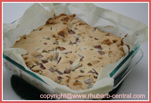 Homemade Rhubarb Dessert Bars in a 8" square baking dish