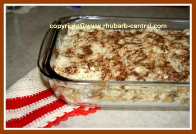 Rhubarb Coffee Cake in a 9" x 13" baking dish Recipe for