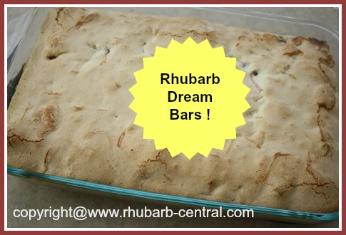 Rhubarb Dream Bars Recipe in a 9" x 13" baking dish