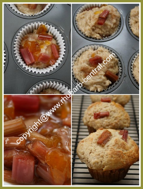 Picture Collage Showing How to Make Rhubarb Muffins Using Fresh or Frozen Muffins